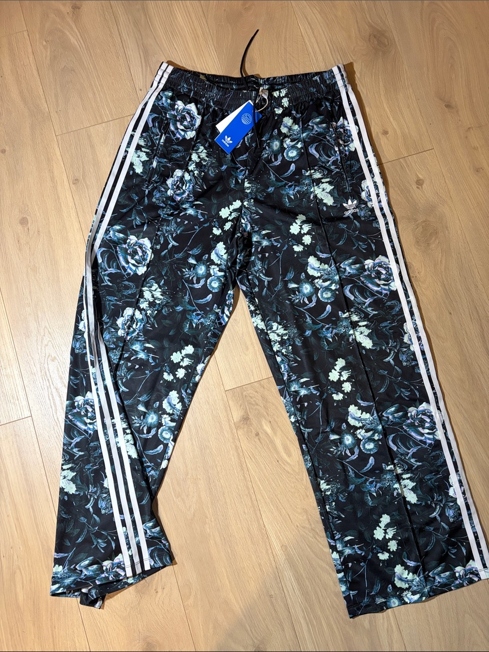 adidas Black Floral Joggers with White Side Stripes